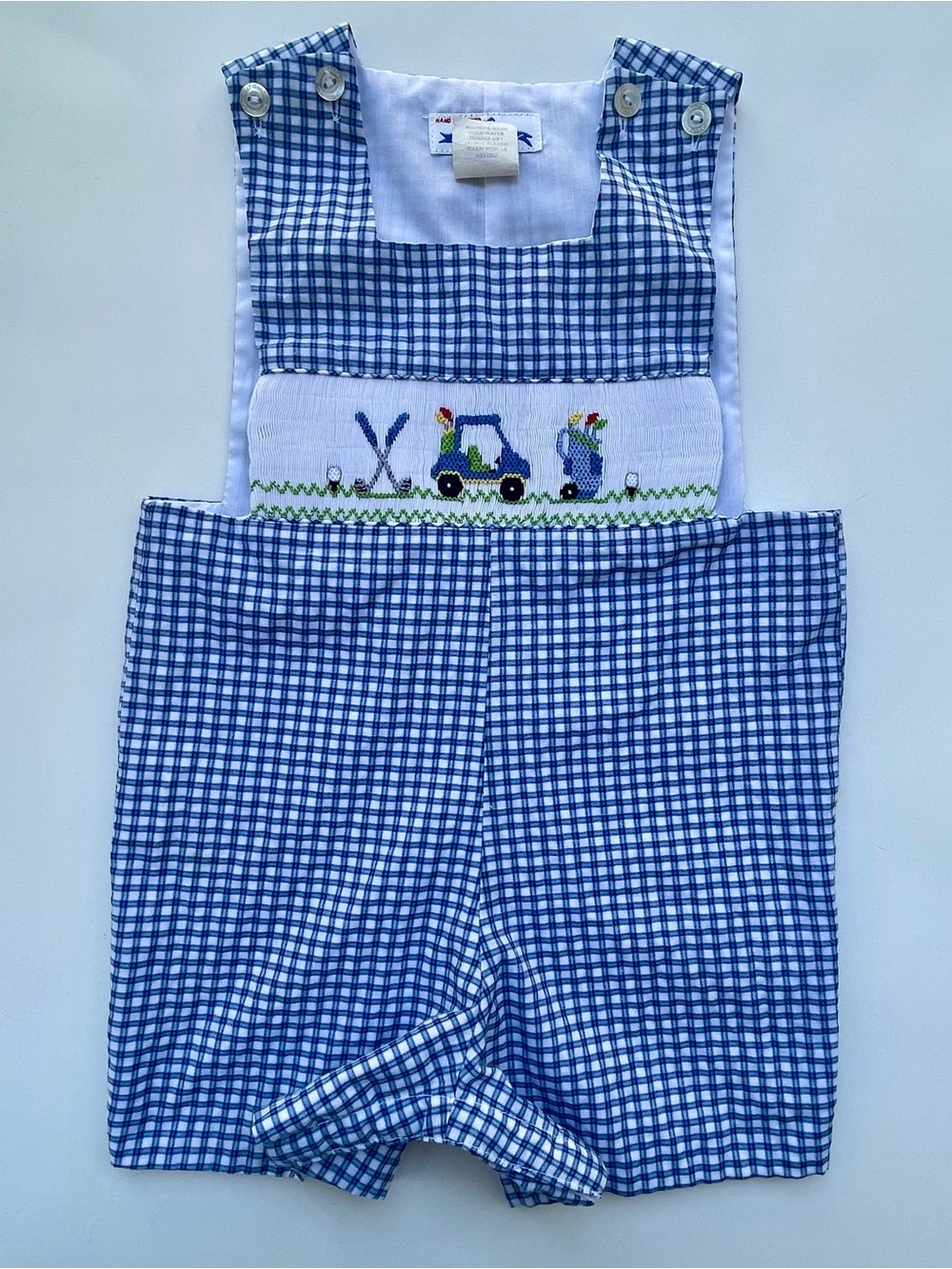 Silly Goose Smocks 12mos Blue Gingham Smocked Golf Shortall Romper - Baby Boy